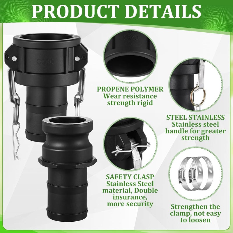 Innconee 2 Set Camlock Fittings Type C&E 2 Inch Polypropylene Cam and Groove Hose Fitting Kit Include 2" Female Coupling Cam Lock, 2" Male Adapter Camlock, Gasket, Hose Clamps for Industrial - Image 3